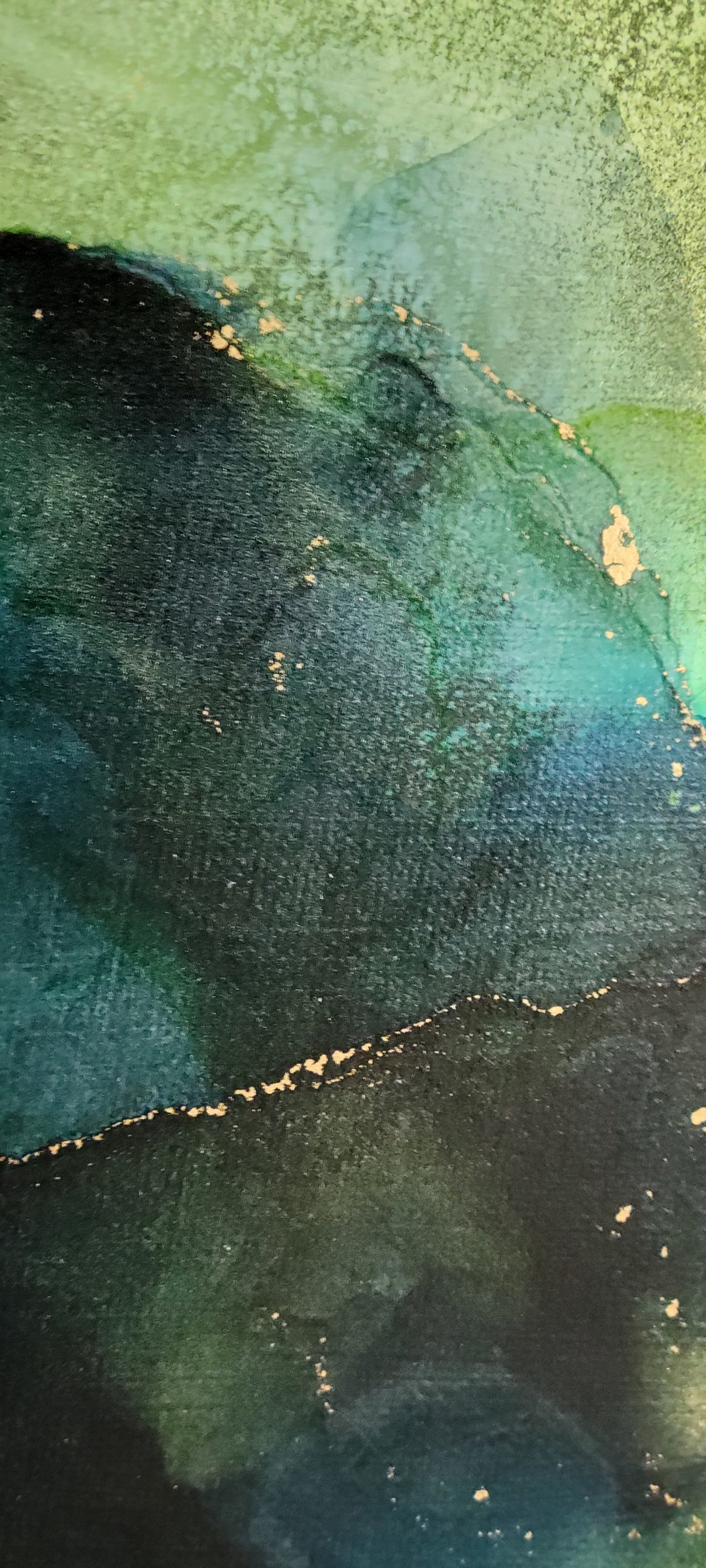 'Transparency' 36 x 36 in lime and blues with gold accent throughout painted on canvas