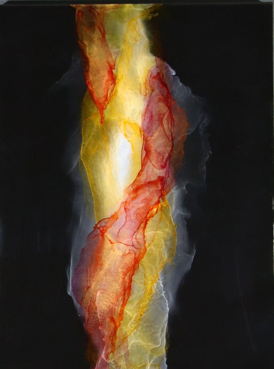 Abstract painting, wall art on black with white, yellow and red.