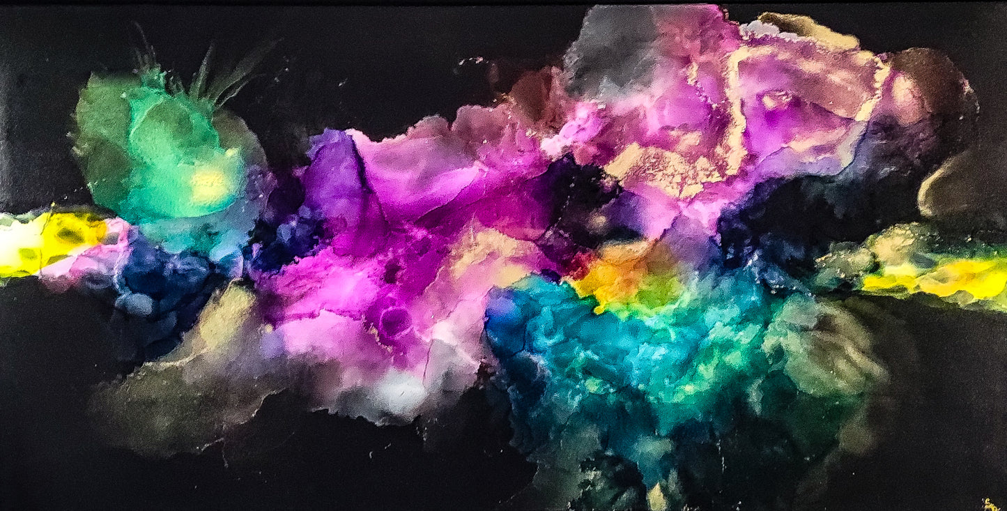 Wonderlust' 24 x 48 in aqua, purple, pinks and blues with gold accent throughout painted on canvas