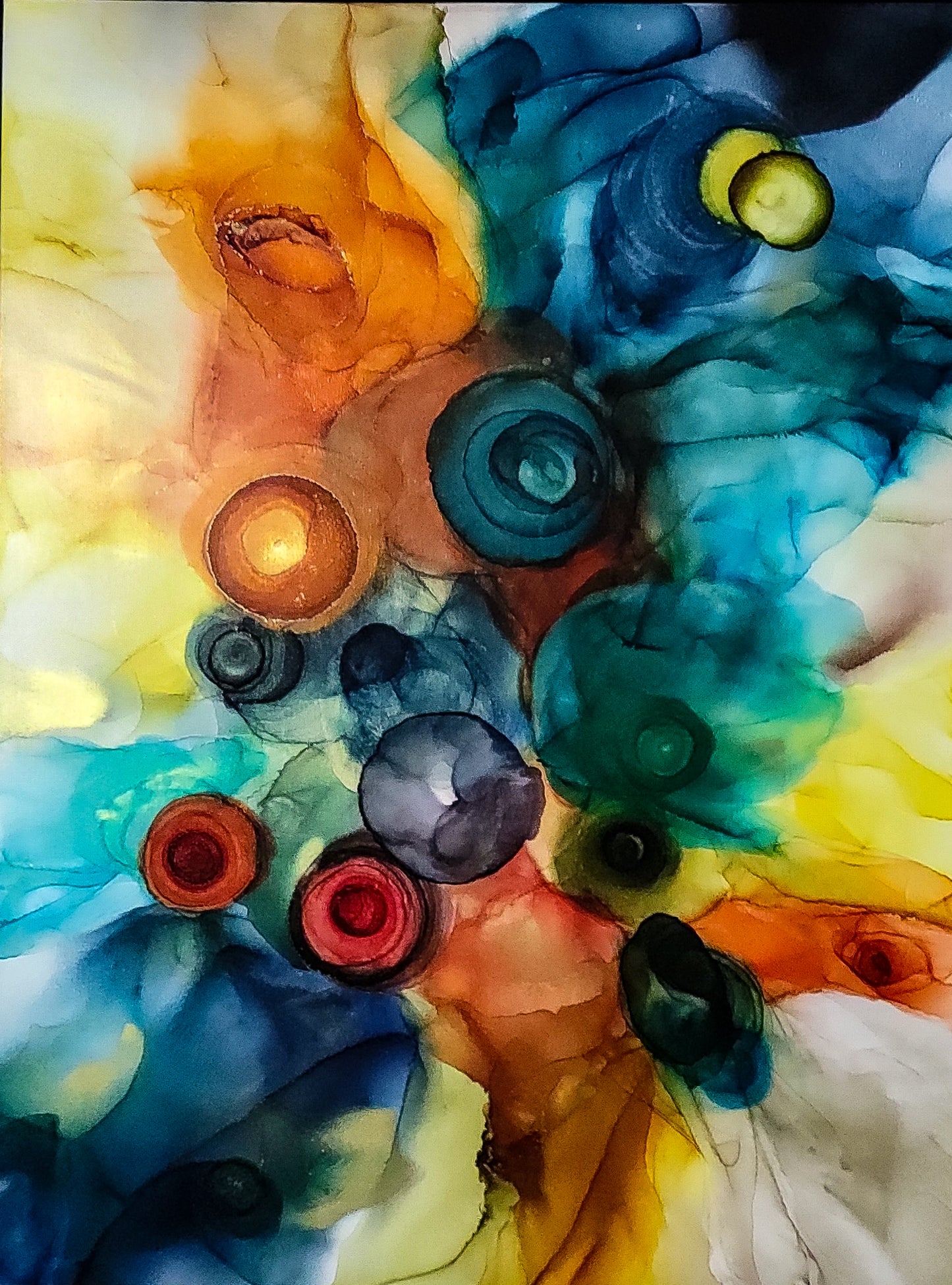 'Happy Daze ' 36 x 48 in oranges and blues on canvas framed