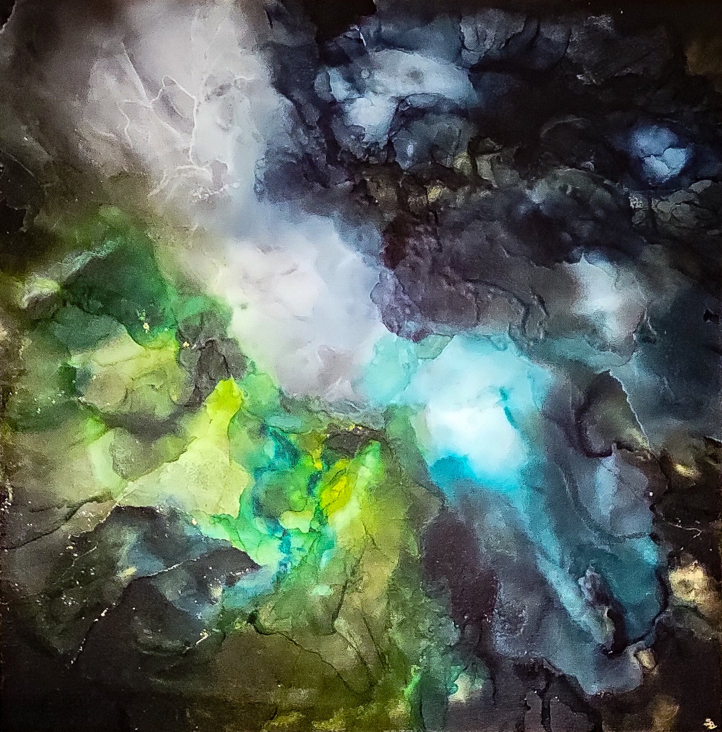 'Transparency' 36 x 36 in lime and blues with gold accent throughout painted on canvas