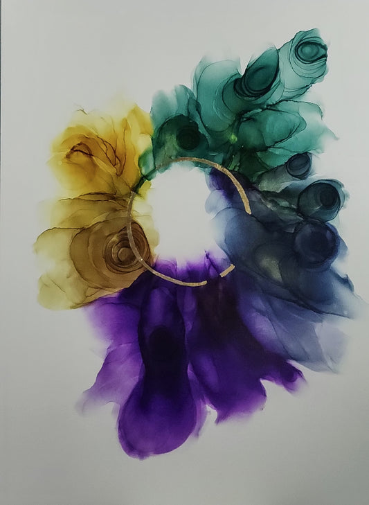 'The portal' 36 x 48 in gold portal with purples, blues and greens