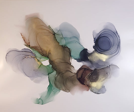 Abstract landscape Artwork 20 x 24 neutrals, sage and dusty blues with gold accent 'Time Traveler'